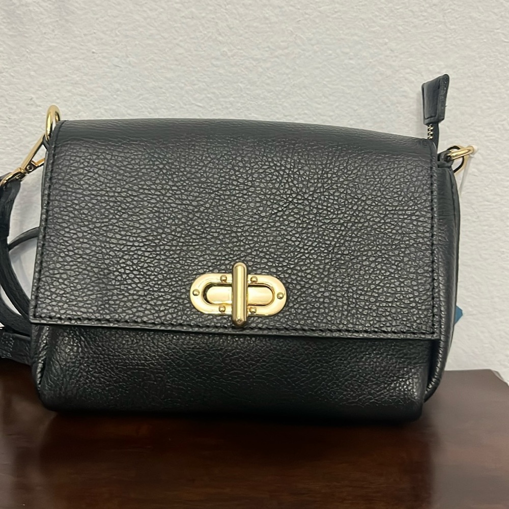 Black Leather Crossbody Bag with Gold Turn-Lock